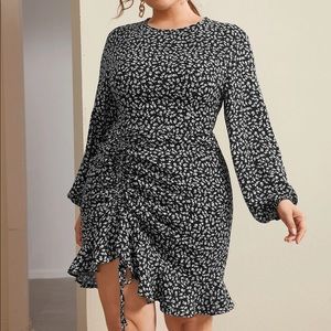 Shein Curve Drawstring Rouched Black Floral Dress - XL